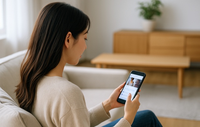 SNSでビフォーアフターの確認をする女性